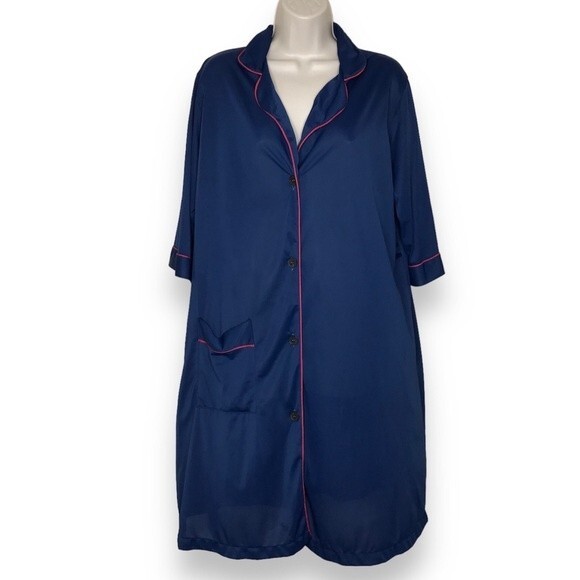 Vintage Kayser Sleep Shirt Nightgown Robe Blue Button Front Pocket Womens 38 - Picture 1 of 16